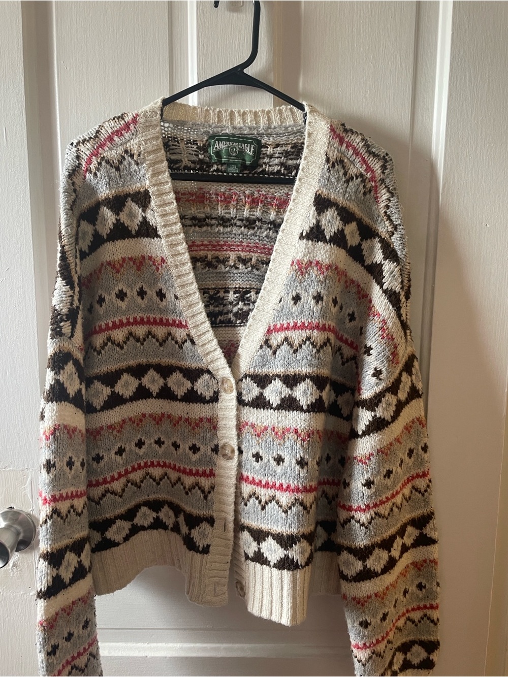 Abercrombie & Fitch Cream Patterned V-Neck Cardigan Sweater with bonnet